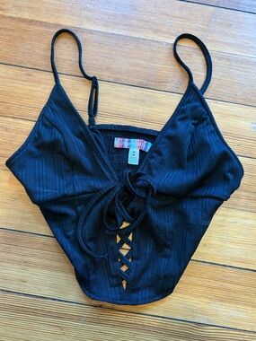 Urban Outfitters Black Ribbed Lace-Up Crop Top